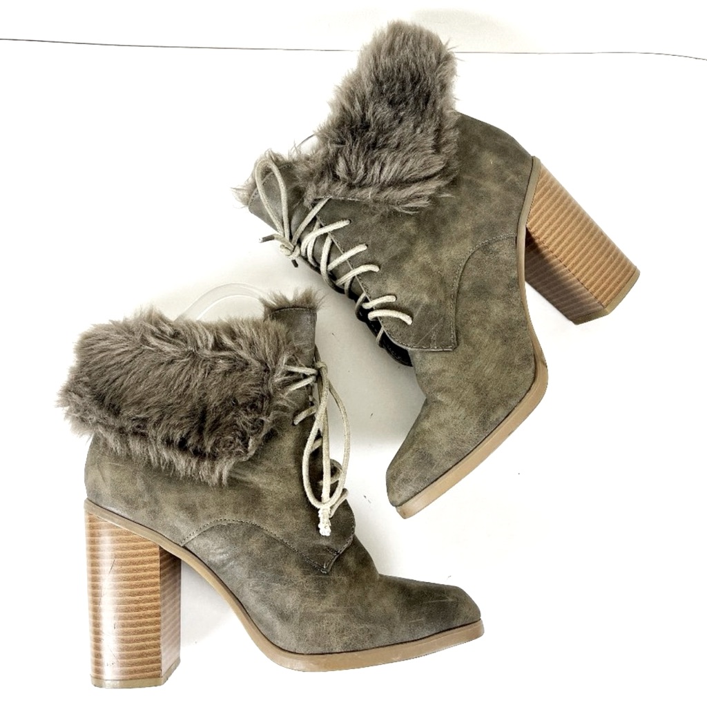 Leila Stone Grey Fur-Lined High Heel Lace Up Booties - Sz 8. New In Box